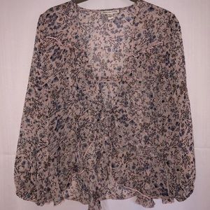 Pink-toned Floral Print Long Sleeve Tied Shawl